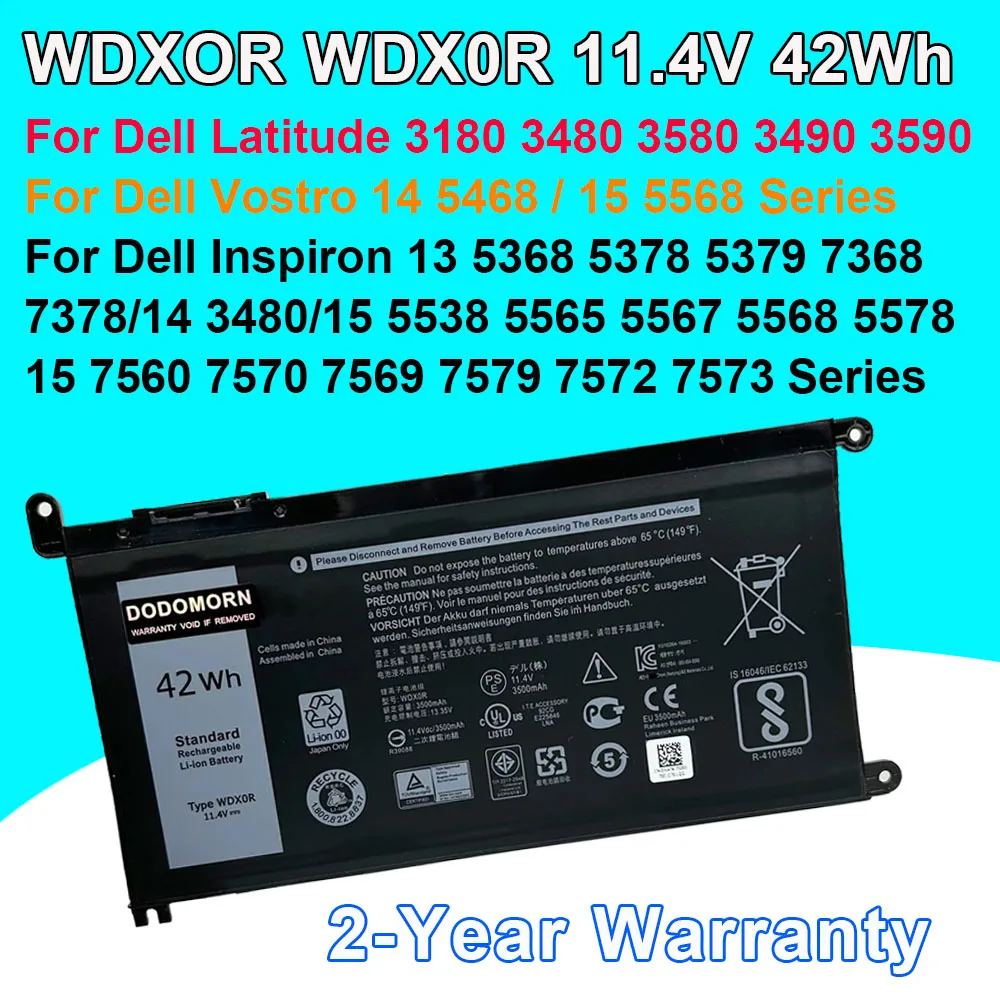 

DODOMORN WDXOR 42Wh For DELL Vostro 14 5468 15 5568 Inspiron 13 5368 5378 5379 5767 7579 Latitude 3180 3480 WDX0R Laptop Battery