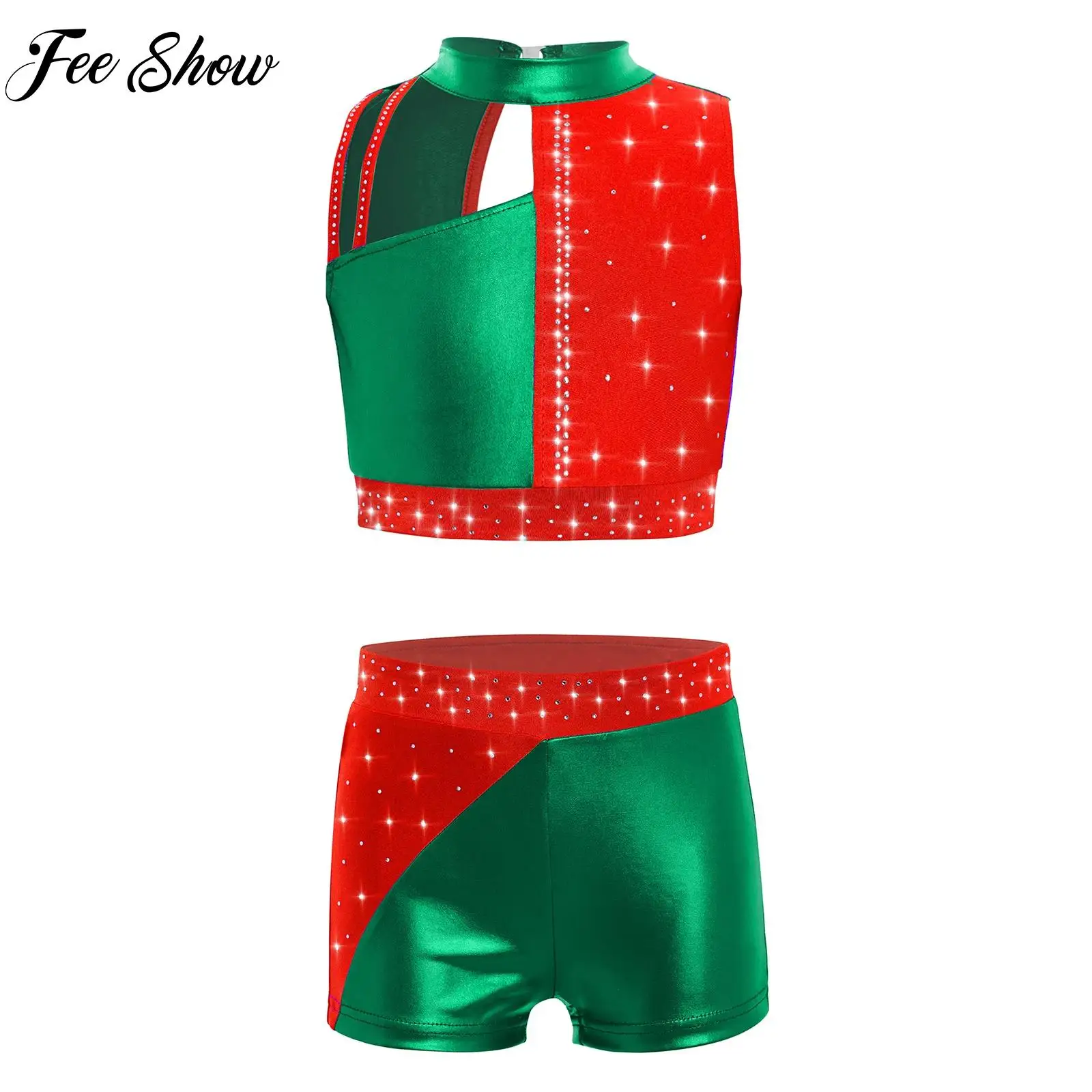 

Детский костюм для балета и танцев, гимнастики, блестящий укороченный топ без рукавов с металлическим принтом и шортами, комплект для фигурного катания
