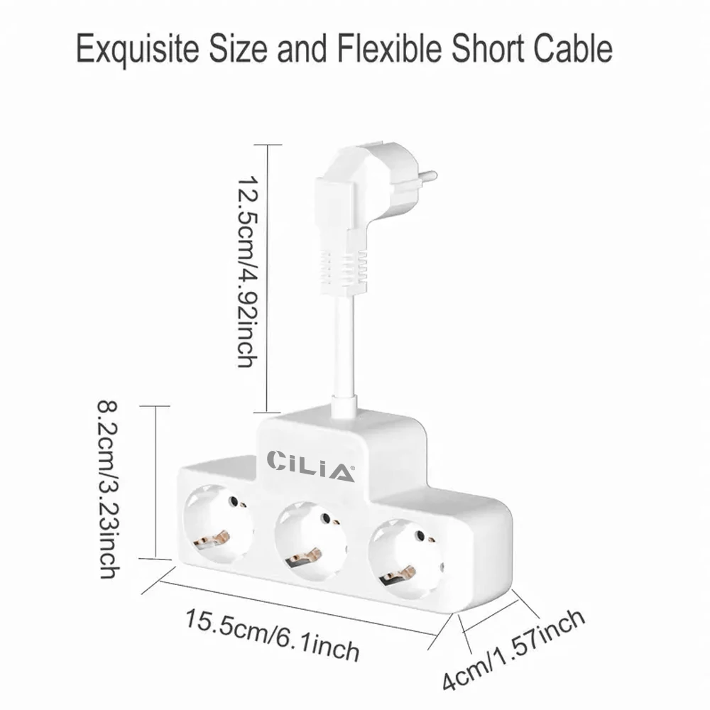 EU Power Strip adapter,2 pin plug to 3 schuko socket , Black/White, 10cm Extension Cord, Compact and Portable, for Home/office