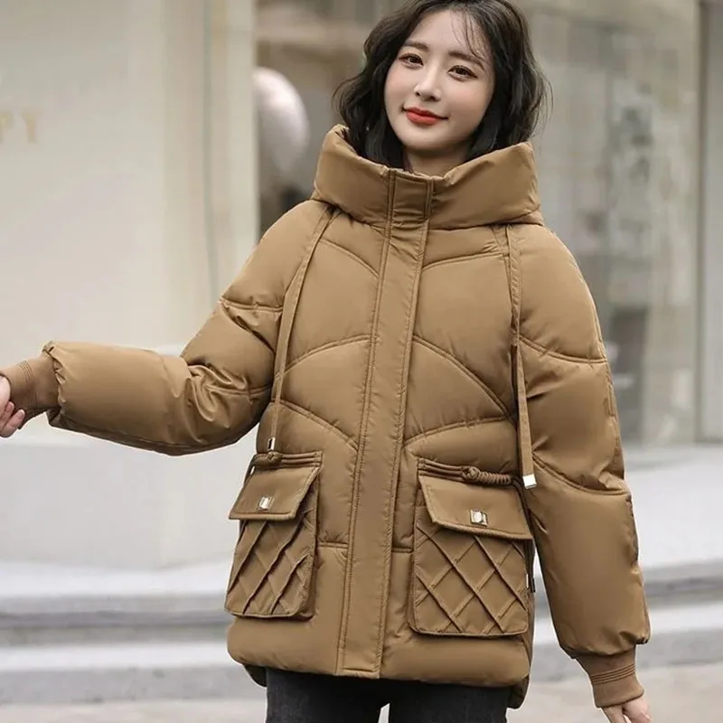 New Autumn Winter Warm Padded Jacket Women's Korean Down Cotton Coat Loose Female Casual Hooded Parker Outerwear Zipper Khaki