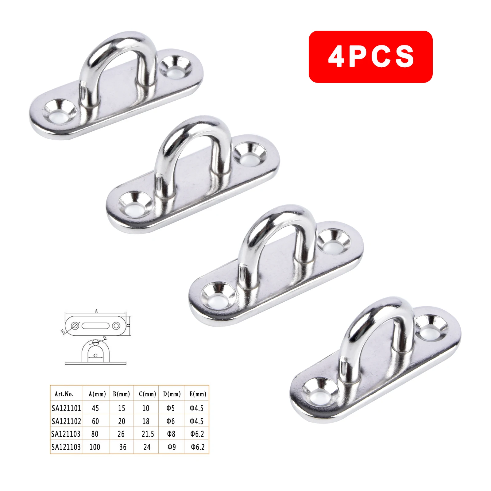 4pcs Stainless Steel Eye Plate Oblong Pad Eye Plate Metal Staple Ring Hook Hardware 5mm U-shaped Design Screws Mount Hook