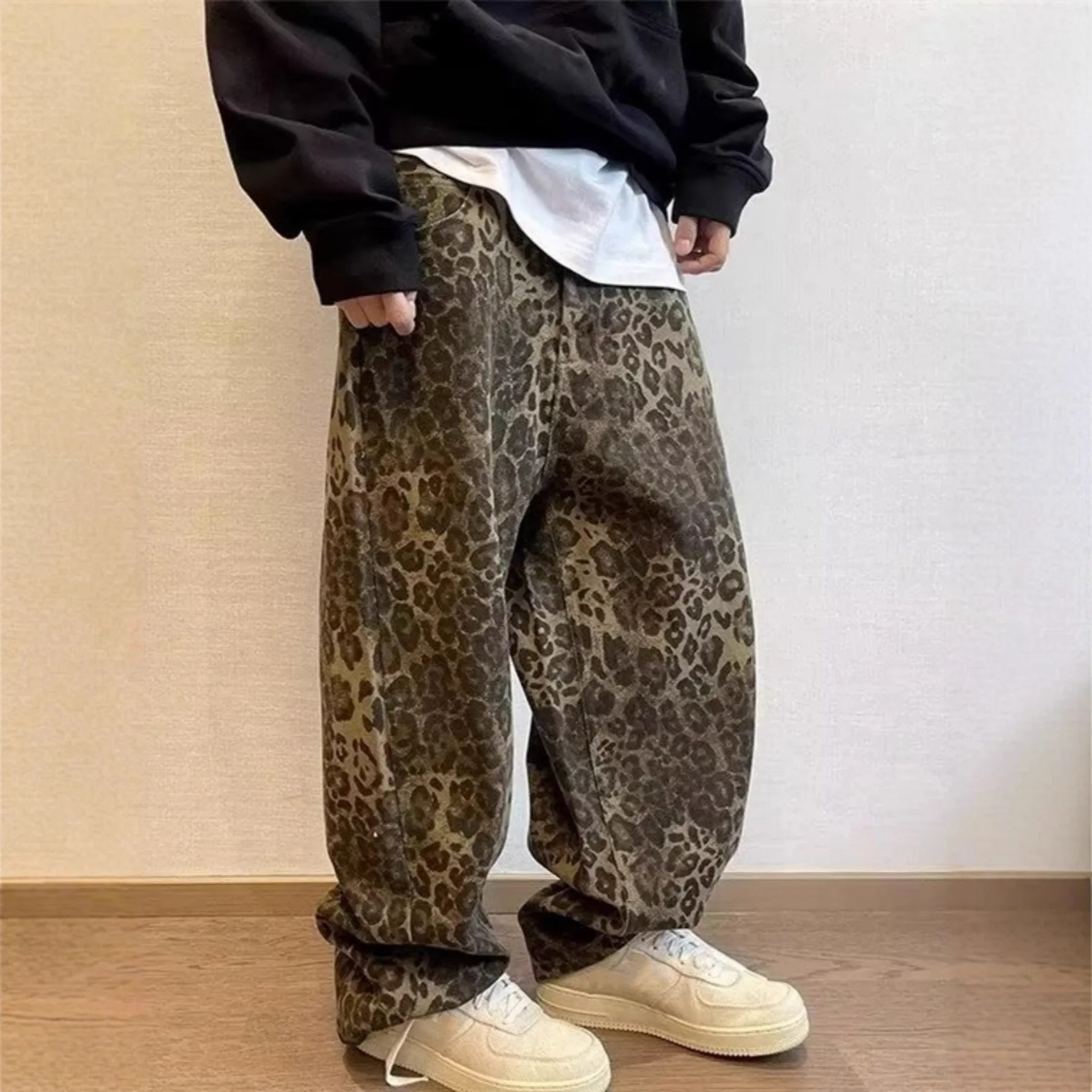 American Street Jeans Men's Spring And Autumn Trendy Brand Niche Loose And Versatile Leopard Print Wide-leg Straight Pants