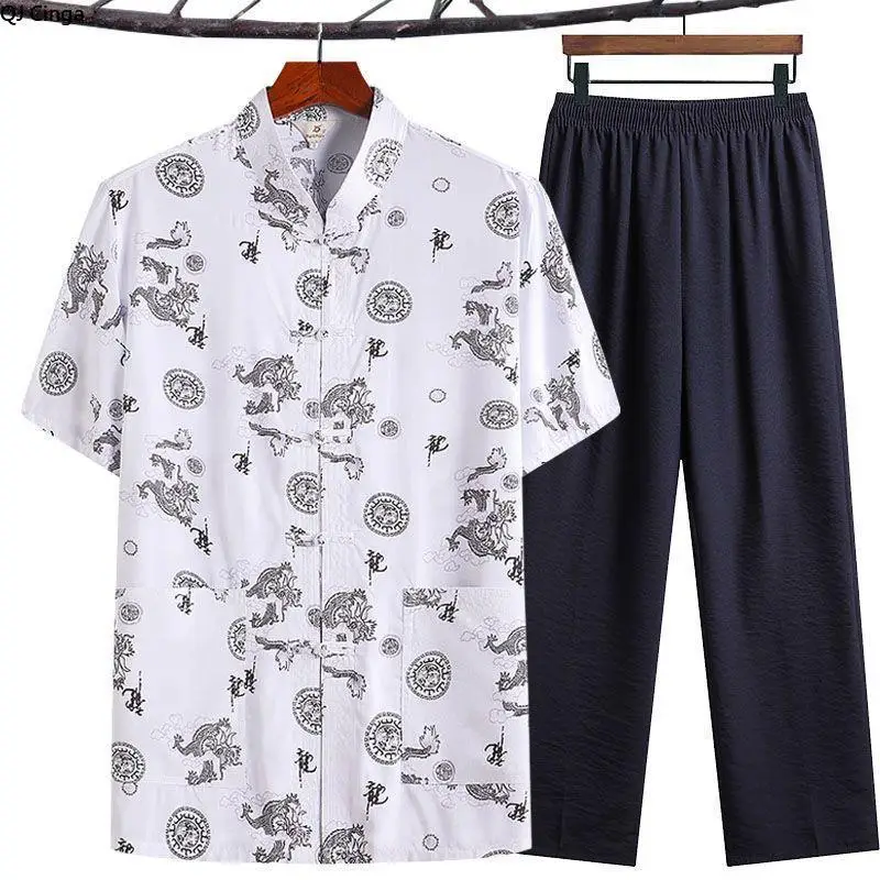 2026 Chinese-style Men's Two-piece Set, Single-breasted Stand-up Collar Short-sleeved Printed Shirt Paired with Drawstring Pants