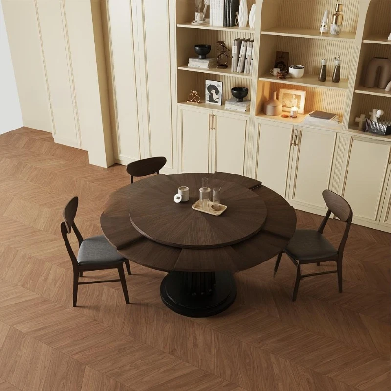 French retro solid wood dining table hotel retractable deformable household small apartment round dining table plus turntable