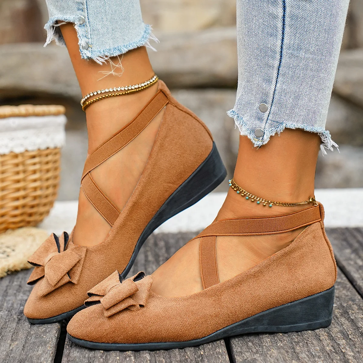 Spring New Slope Heel Large Single Shoes for Women, Suede, Butterfly Knot Cross Elastic Band, Simple Women's Shoes