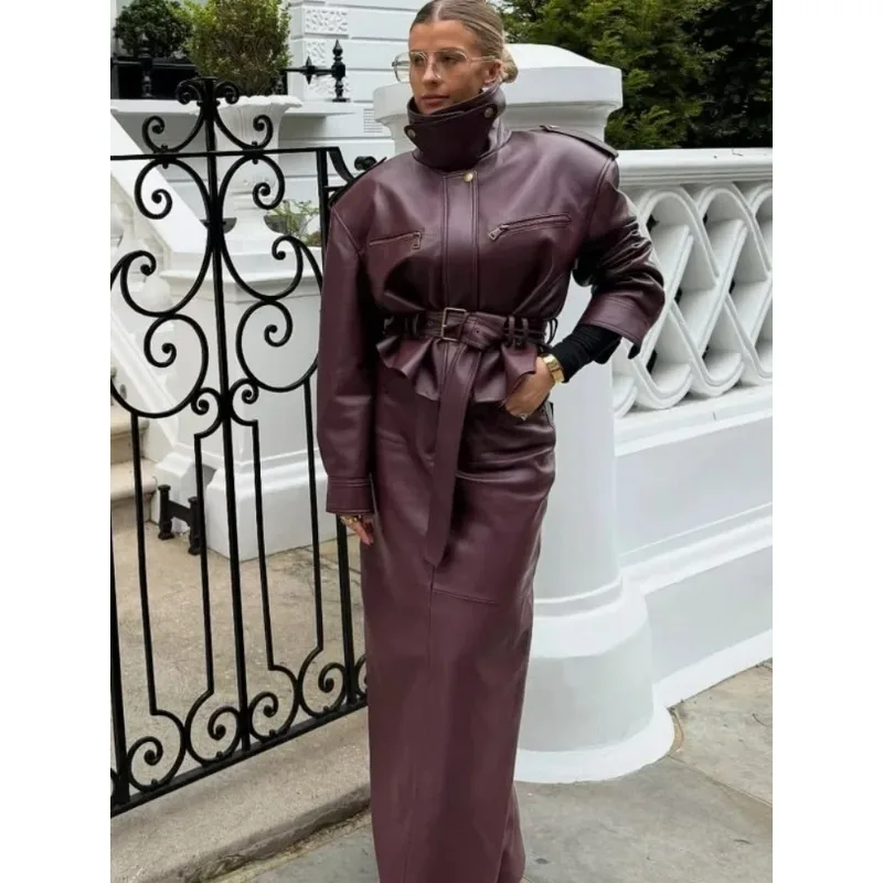 Nowa damska kurtka skórzana na rok 2026, jednolita, sznurowana, ze stójką, zapinana na zamek, z podkreśleniem talii, odzież wierzchnia w stylu high street.