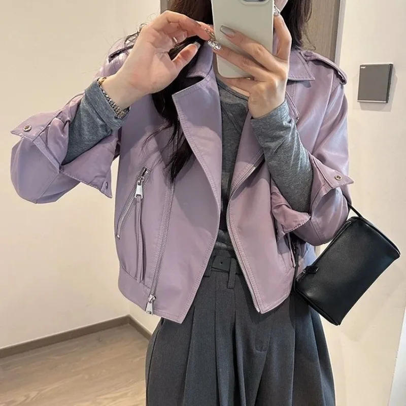 سترة نسائية للربيع والخريف مصنوعة من الجلد قصيرة بلون سادة وسحاب فضفاض بتصميم مميز وترفيهي وبسيط وعلامة تجارية ناعمة