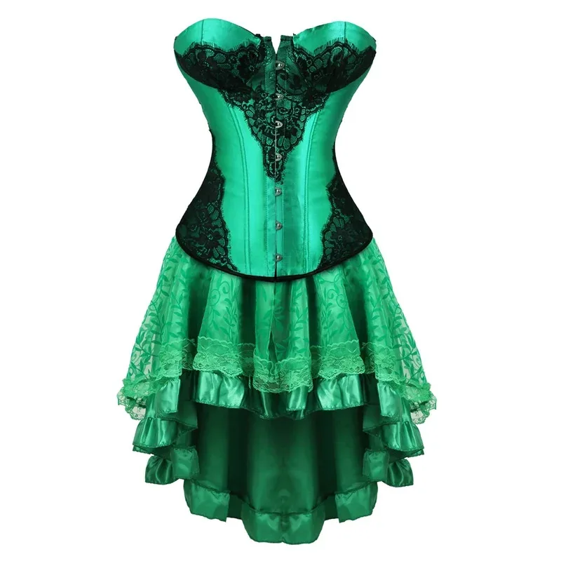 

Sexy Green Medieval Victorian Satin Lace Up Burlesque Bustier Corset Suit Tutu Skirt Halloween Costume Exotic Lingerie Dress tt9