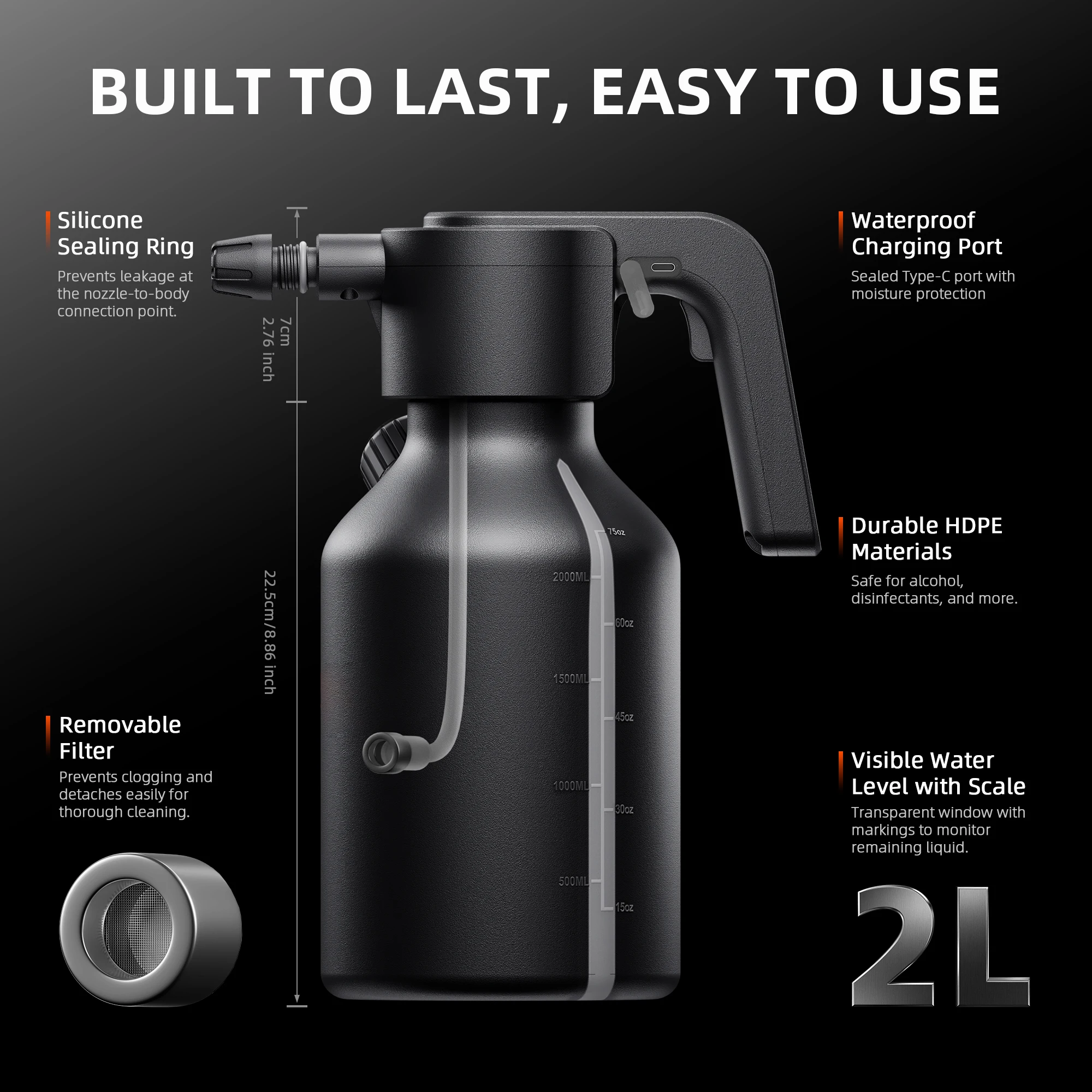 زجاجة رذاذ كهربائية سبايدر فارمر سعة 2 لتر، بخاخ نباتي قابل لإعادة الشحن من النوع C، مستر أوتوماتيكي مع كوب قياس وإعادة تعبئة سريعة