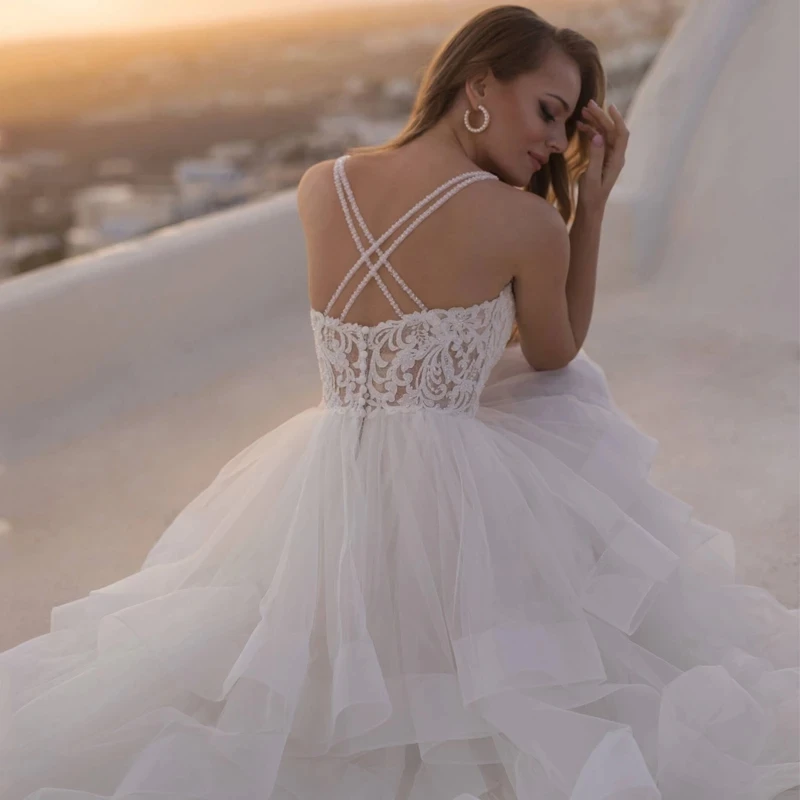 Sexy Profundo Decote Em V Spaghetti Criss Cross-Camadas Princesa A Linha Robe De Mariée ウエディングドレス Do Vestido de Casamento Vestido de Casamento Nupcial