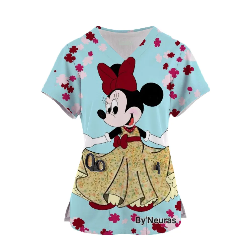 Hospital Working Uniforms Medcine Minnie Mickey Mouse Print Nursing v-neck Blouse Dental Clinic Uniform Medical Nurse Scrub Tops image 3