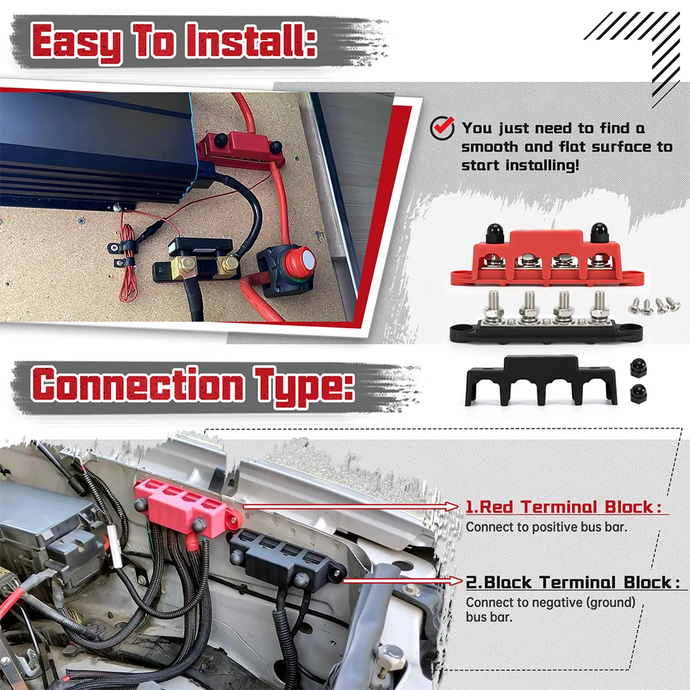 كتلة طرفية لبطارية شريط الحافلة 250 أمبير 12 فولت مع ترصيع 4 × 3/8 بوصة (M10) + 3xM4 ( # 8) براغي لأسلاك الطاقة الشمسية - سلبية وإيجابية