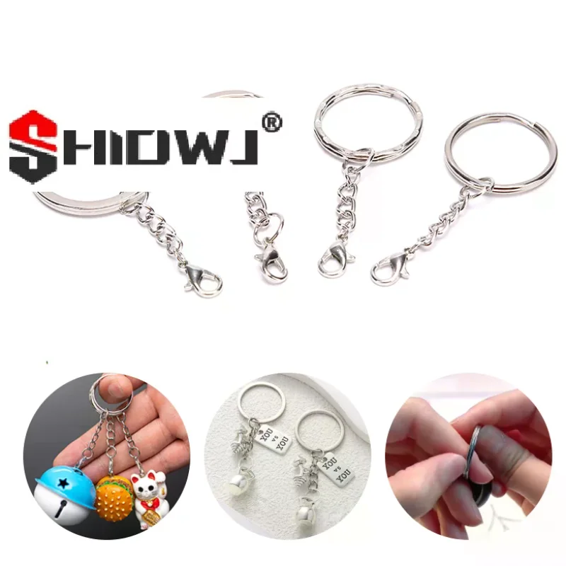 10Pcs/lot Polished Silver Key Ring With Chains Lobster Clasp Round Split Ring Short Keyring DIY Making Keychain Wholesale