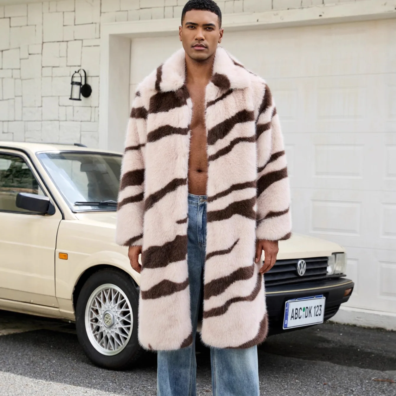 

2025 American style New Fashion Men's Casual Trendy Color-coded Loose Turn-down Collar Long Sleeve Faux Fur Coats Male Clothes