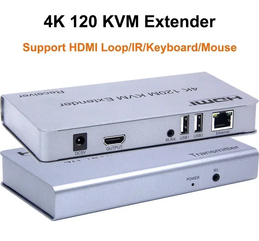 4K 120M USB HDMI KVM Extender over Cat5e Cat6 Rj45 Ethernet Cable Video Transmitter and Receiver Support Loop IR Keyboard Mouse