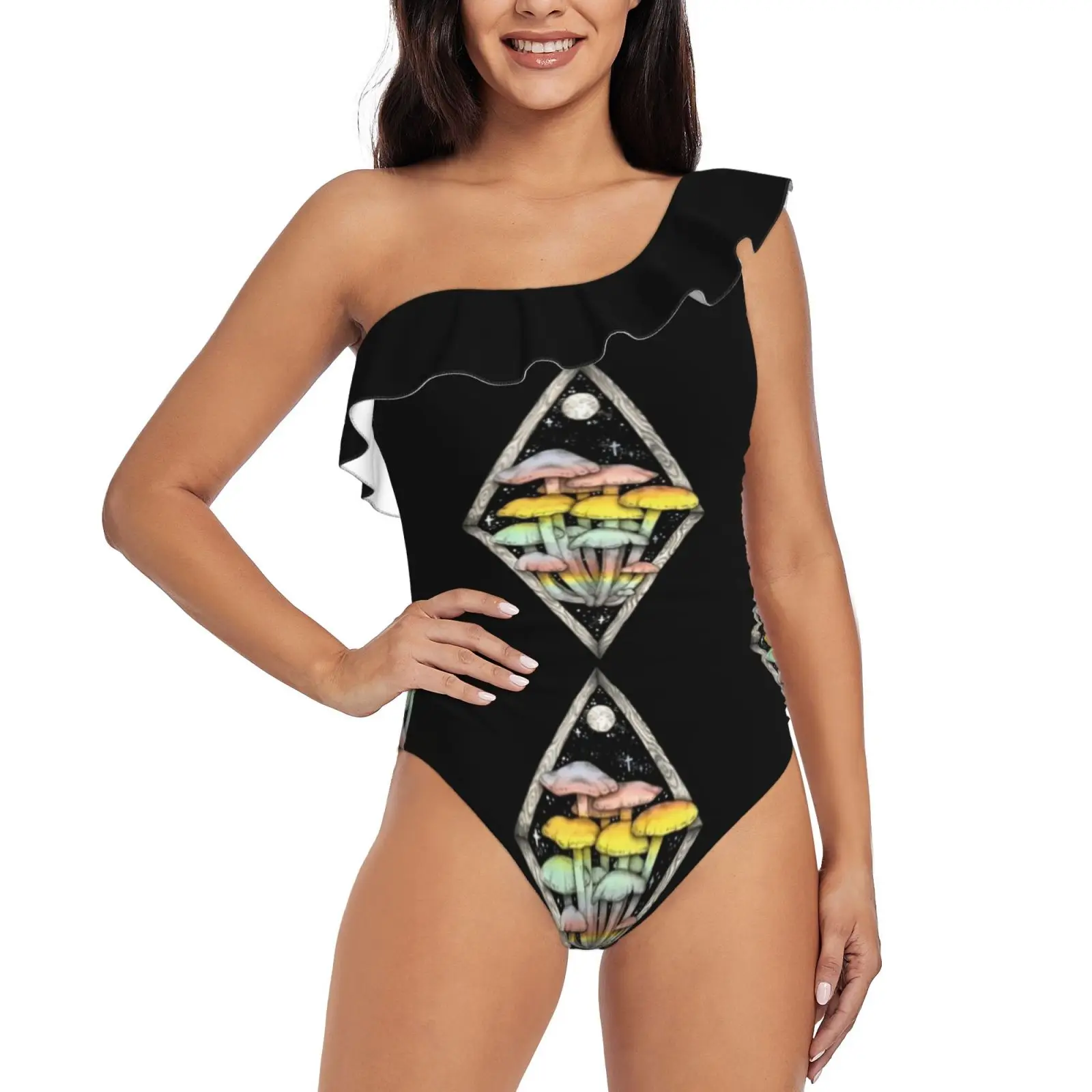 Rainbow Mushrooms | | Psychedelic Illustration By Chrysta One Shoulder Ruffle Swimsuits One Piece Swimsuit Women Swimwear Beach