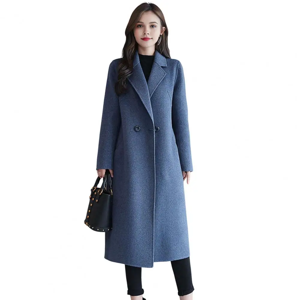 Women Jacket Double-breasted Overcoat with Turn-down Collar Pockets Loose Thermal Long for Outerwear