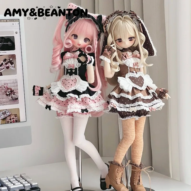 1/4 BJD Doll Clothes MDD Regular 1/4 Lolita 7Pcs Outfit Set Lace Ruffle Dress With Headband Love Heart Apron Dolls Accessories