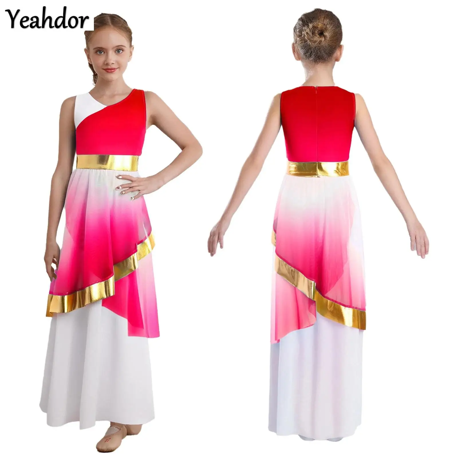 

Girls Liturgical Praise Dance Dress Gradient Colors Sleeveless Metallic Waist Asymmetrical Mesh Layer Lyrical Modern Dancewear