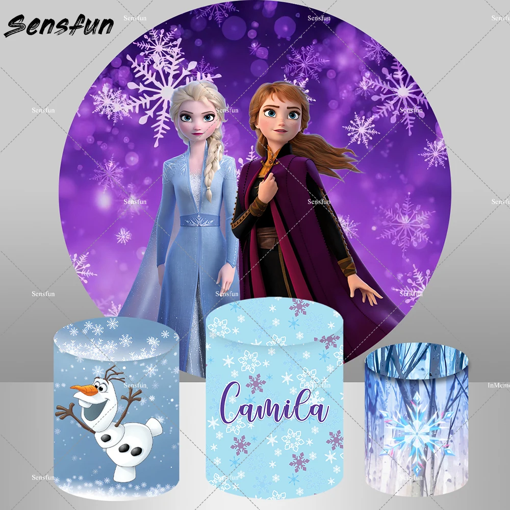 

Customized Round Circle Backdrops Frozen Elsa Anna Princess Girls Birthday Party Decor Snowflake Snow Ice Photo Backgrounds