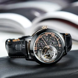 OBLVLO Luxury Retro 45mm Dial Skeleton Automatic Watches For Men Calfskin Strap Mineral Crystal Waterproof Mechanical Watch VM