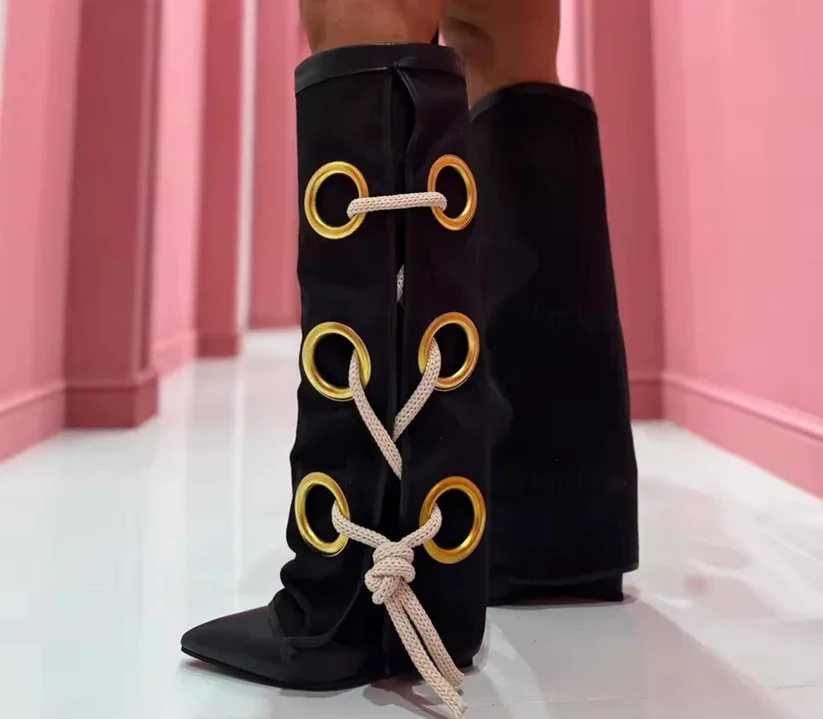 New Autumn/Winter Women's Black Suede Knee High Boots Gold Ring Decor Lace Up Design, Pointed Toe Block Heel Stylish Long Boots view 6