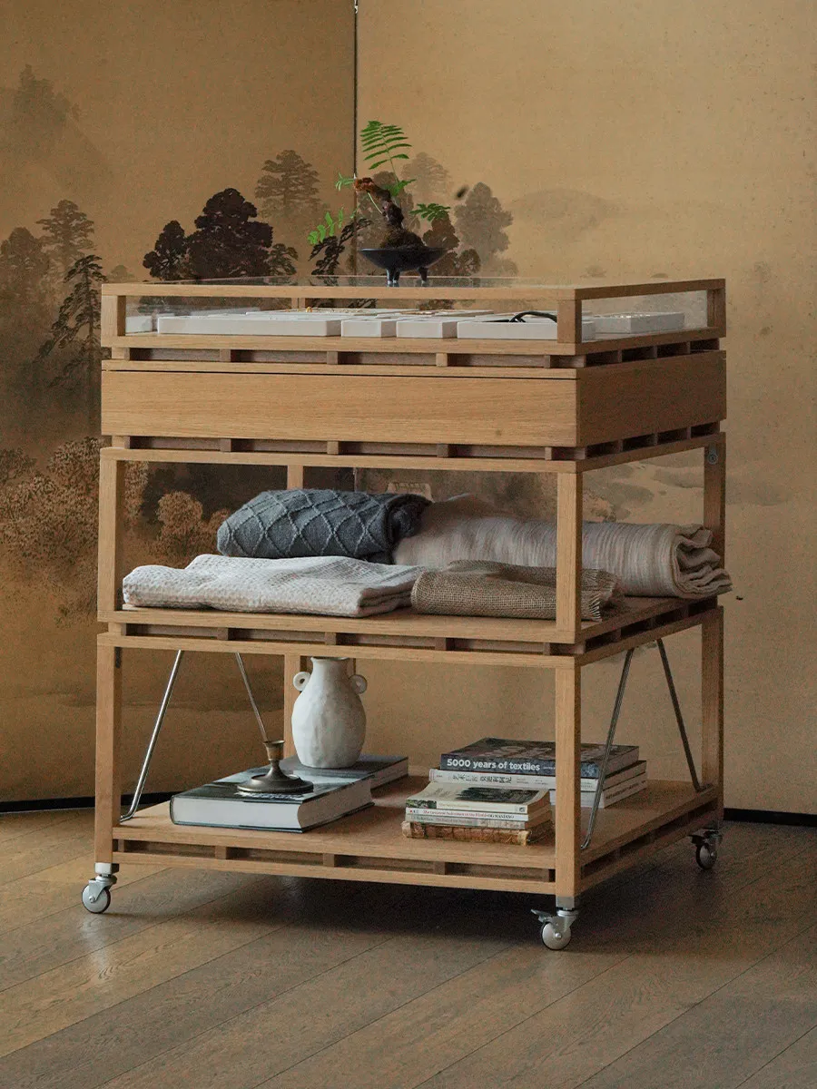 

Coffee table solid wood movable coffee table, living room home new Chinese-style small table with cart rack