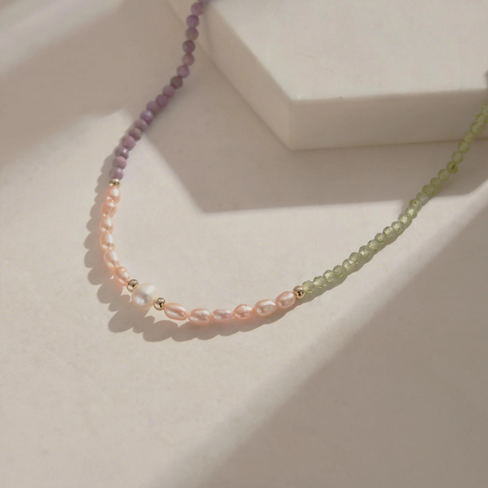 

EFFIE QUEEN 925 Sterling Silver 14K Gold Choker Necklace Natural Freshwater Pearl With Purple Mica & Peridot Party Present MPN06