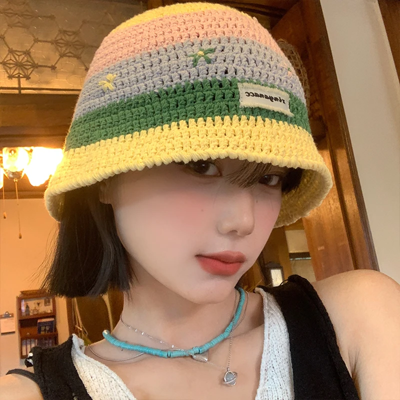 

Sweet Striped Knitted Bucket Hats Women Spring Summer Travel Sun Protection Versatile Fashion Contrasting Color Thin Basin Cap