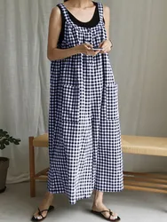 2023 Fashion Women Plaid Playsuits Celmia Summer Bohemian Jumpsuits Vintage Wide Leg Pants Casual Sleeveless Trousers Overalls
