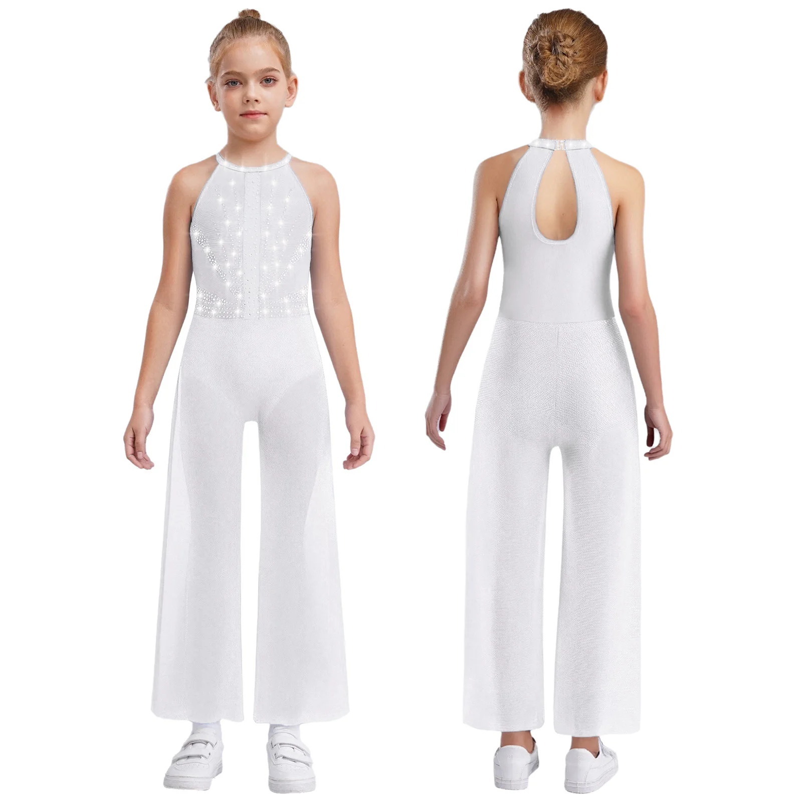 

Kids Girls Gymnastics Jazz Dance Jumpsuit Rhinestone Sleeveless Keyhole Back Sides Split Wide-Leg Bodysuit Ballet Latin Costume