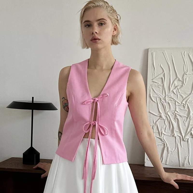 

Tuularose Women's Pink Lace-up Vest Summer New V-neck Sleeveless Tanks Fashion Casual Commuting Streetwear Elegant Female Tops