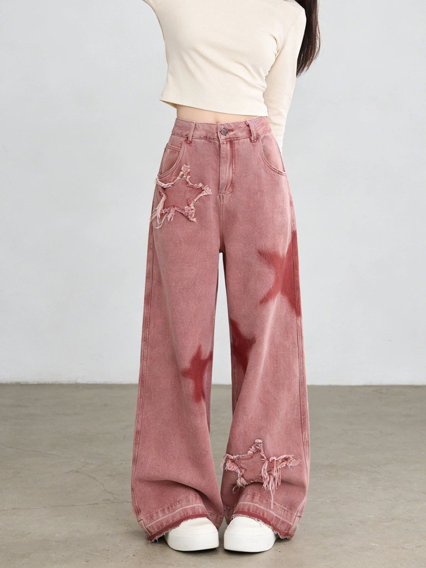 

Retro Star Embroidery Wide Leg Jeans High Waist Loose Fit Slimming Straight Cut plus Size Women's Spring 2026 Denim Pants