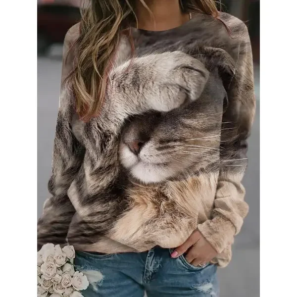 Spring and Autumn Round Neck Casual 3D Cat Print Cute Little Fresh Sweatshirt Women\'s Casual Home Wear Versatile Women\'s Hoodie