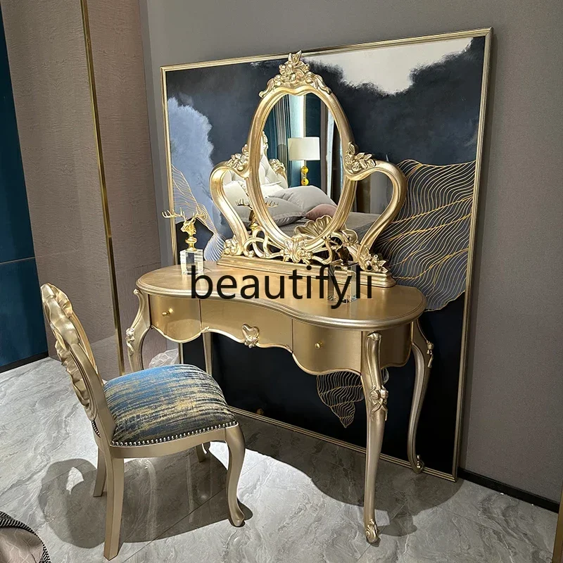 05 French gold leaf dressing table, master bedroom dressing table European court wood carving flower dressing table6220