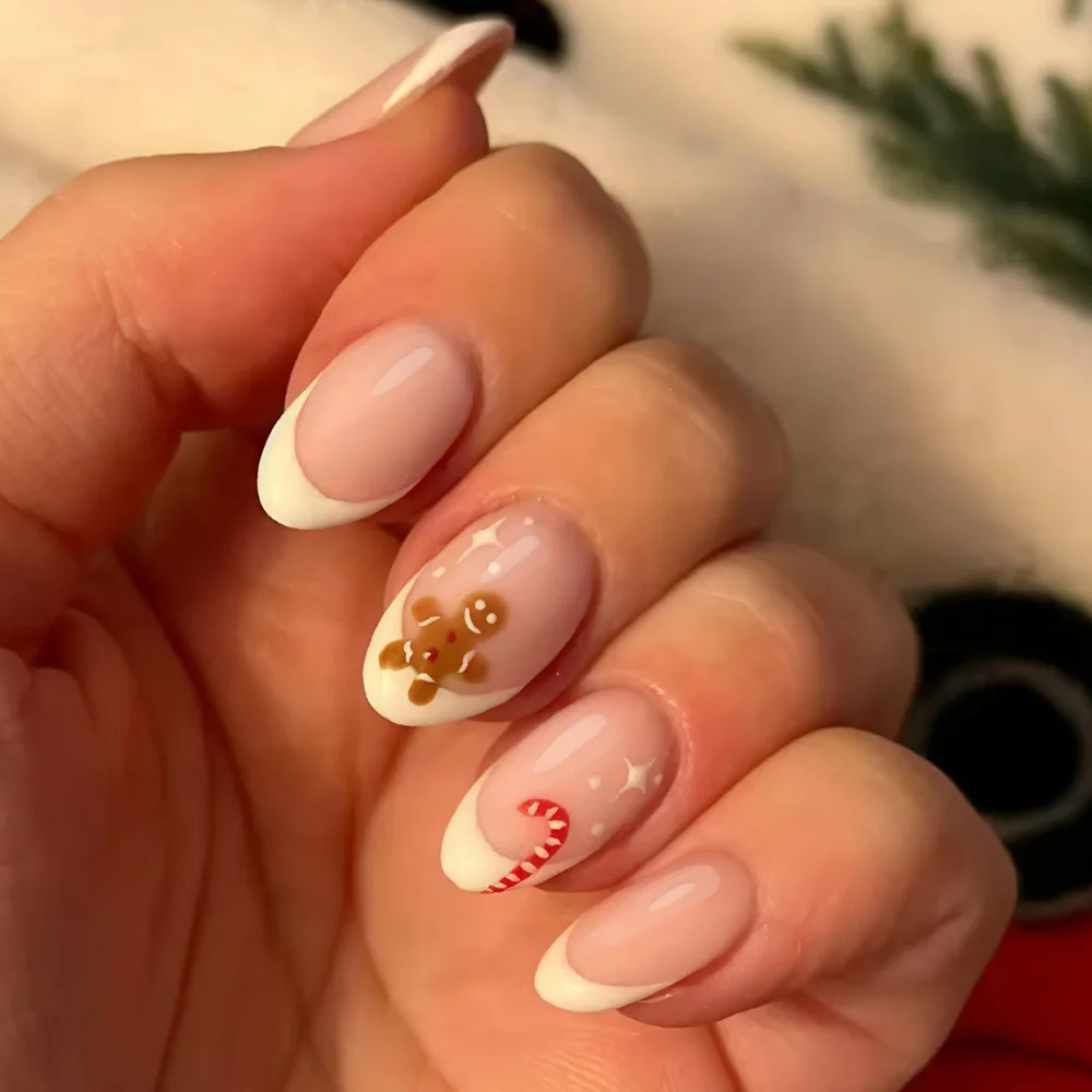 

24pcs Christmas Press on Nails Short Almond French Gingerbread Cane Fake Nail for Women&Girl Removable Wearable False Nail Art