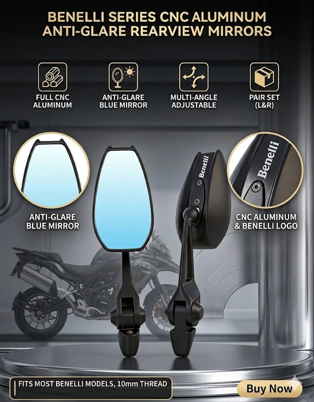 

Universal All-aluminum High-end Motorcycle Rearview Mirrors HD Convex glass For Benelli BN 125 BN 150 Tnt 150i BN125 2017 2018