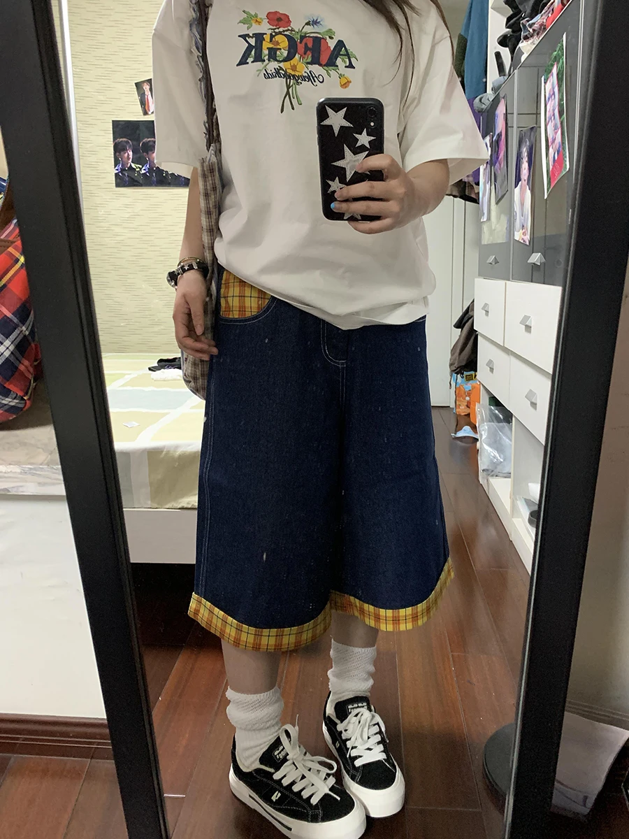 ReddaChic タータンチェックレトロパッチワーク女性ジーンズショーツ韓国チェッカー裾ローライズワイドレッグバミューダパンツ夏 Jorts ストリート