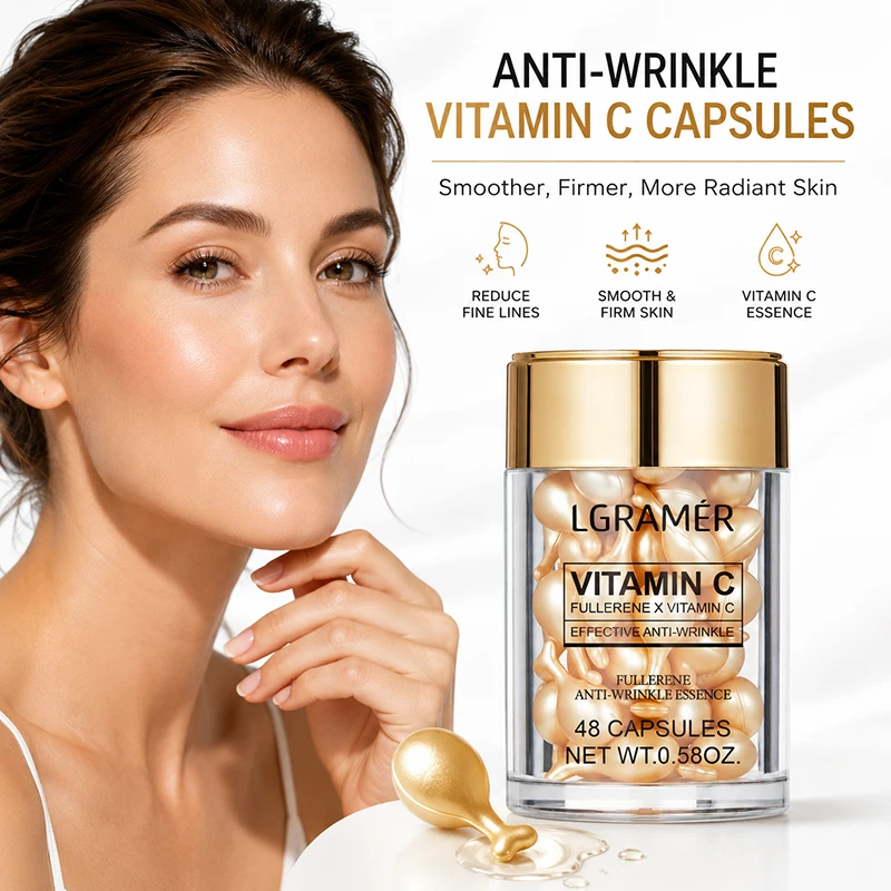 48 Cápsulas de Vitamina C para Cuidados Faciais, Sérum Removedor de Manchas de Acne e Rugas, Essência Firmadora e Clareadora com Ácido Hialurônico, No