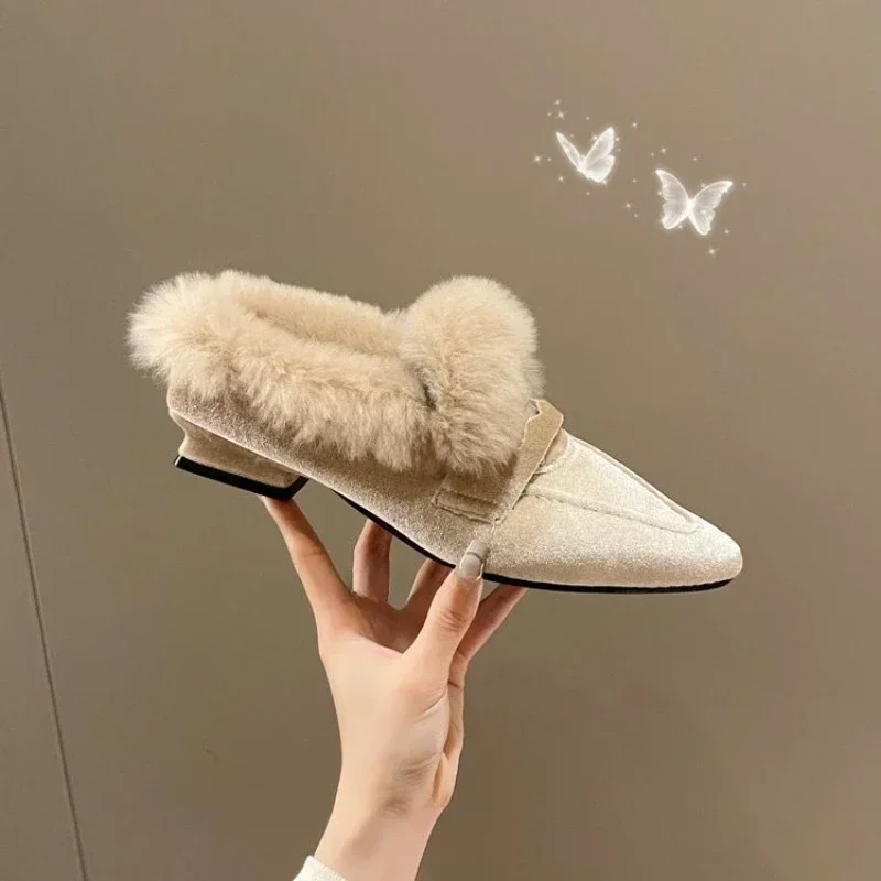 Women Thick Fur Winter Slippers Warm Shoes Slippers Platform Heels Casual Cotton  Home Slides Boots 2023 New Plush Women Shoes