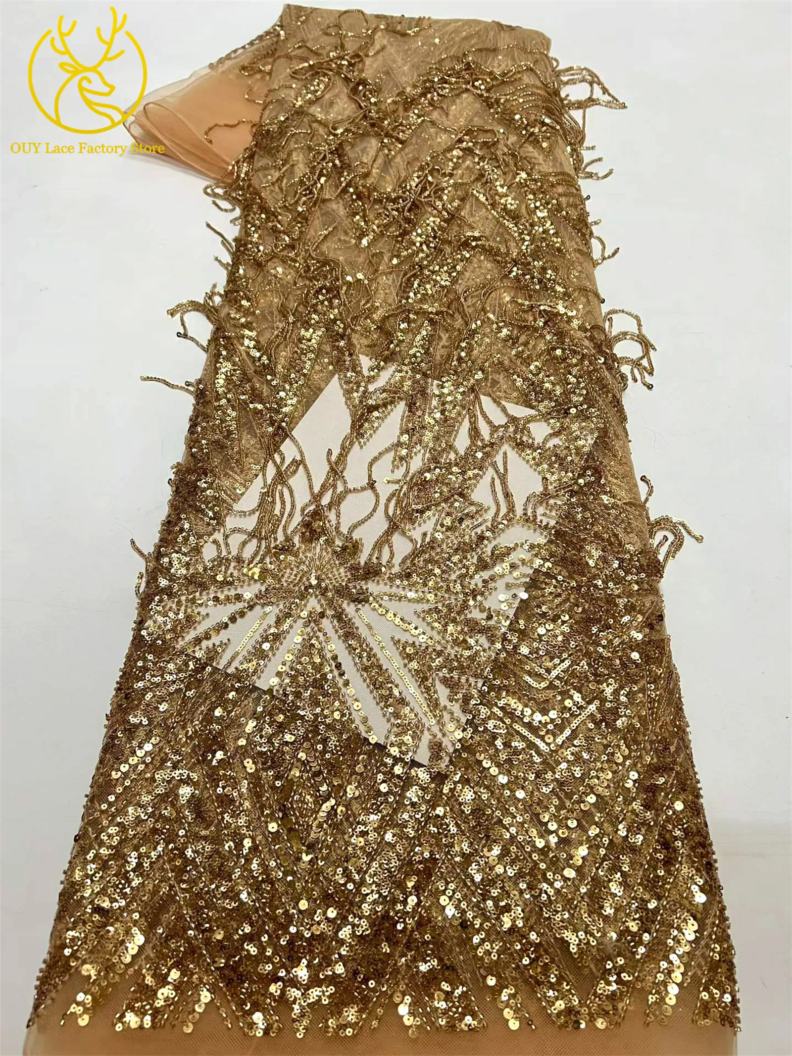 Luxuriöse französische goldene 3D-Hängeperlen-Spitze, hochwertiger afrikanischer Tüll-Pailletten-Spitzenstoff für nigerianische Hochzeitskleider zum Nähen – Detail 6