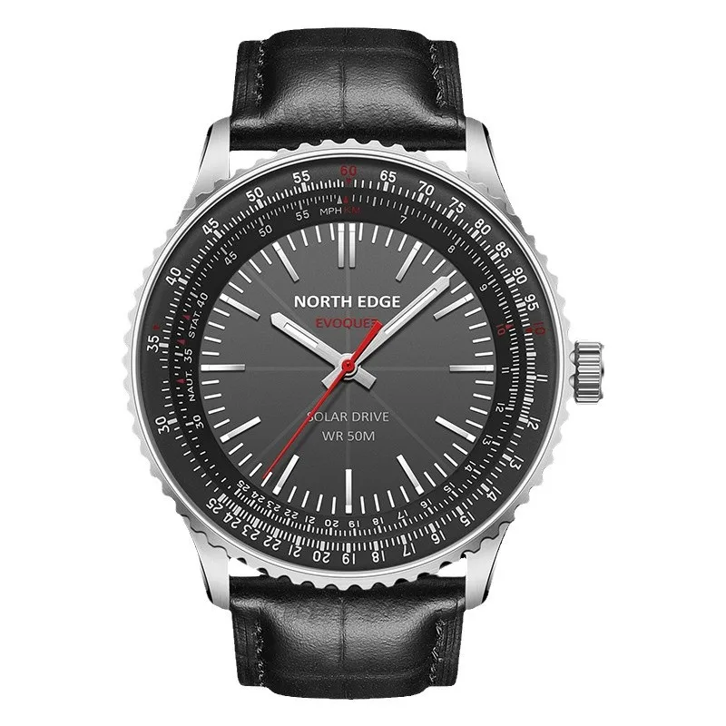 Reloj NORTH EDGE EVOQUE 3 Pilot Series para hombre, reloj militar de aviación con energía Solar, correa de cuero, caja luminosa de acero inoxidable