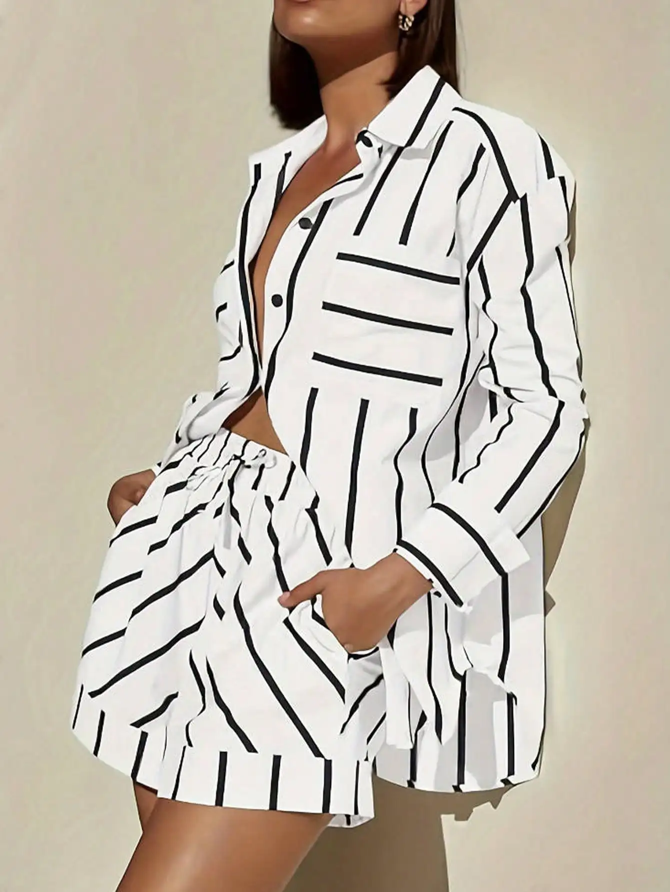 Women's Black and White Striped Long Sleeve Shirt & Shorts 2-Piece Set