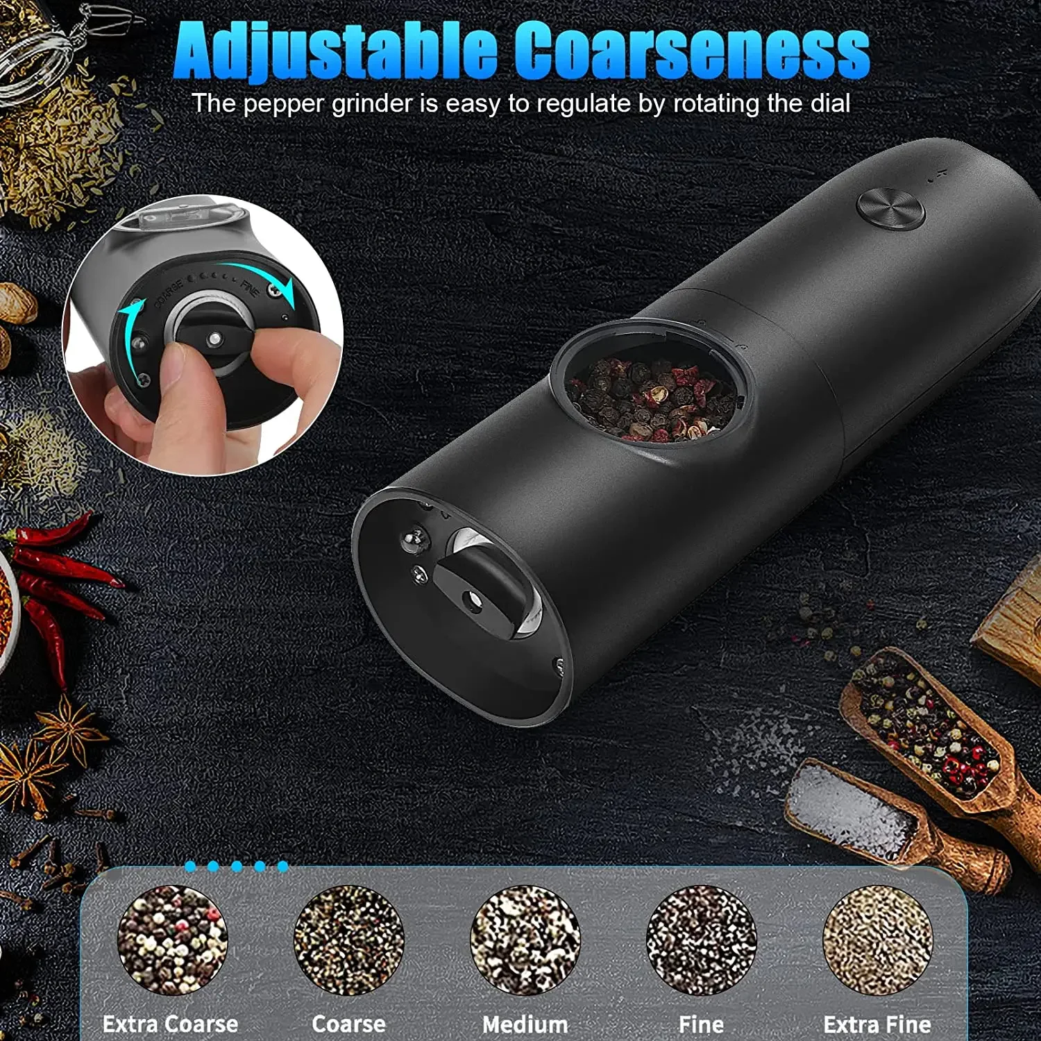 New Automatic Pepper Grinder Salt And Pepper Grinder USB Rechargeable Adjustable Coarseness Spice Mill w/ LED Light Kitchen Tool