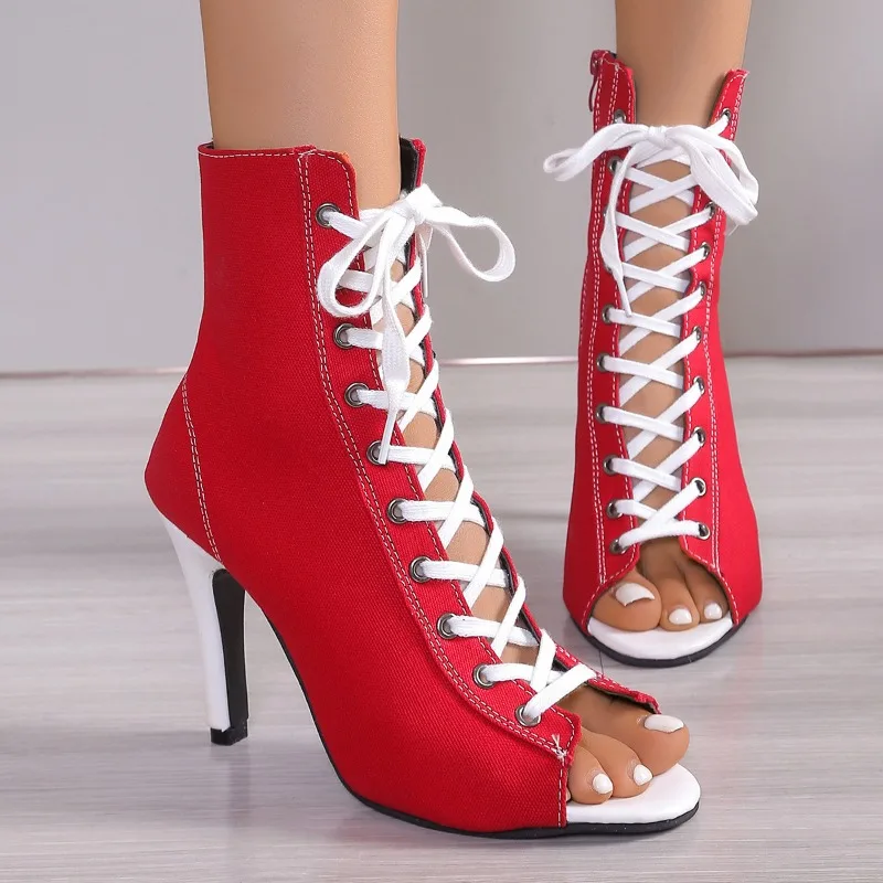Quality Platform Canvas Ankle Boots Sexy Female High Heel Lace Up Zipper Stiletto Short Boots for Women Round Toe Casual Shoes view 2
