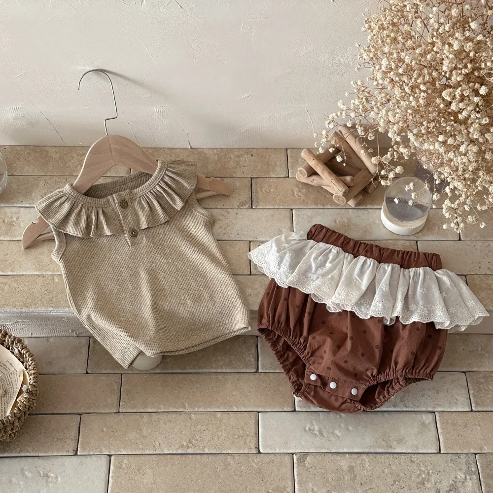 2026 Summer New Baby Girl Sleeveless Clothes Set Infant Girl Ruffled Vest + Lace Dot Shorts 2pcs Suit Toddler Cotton Outfits