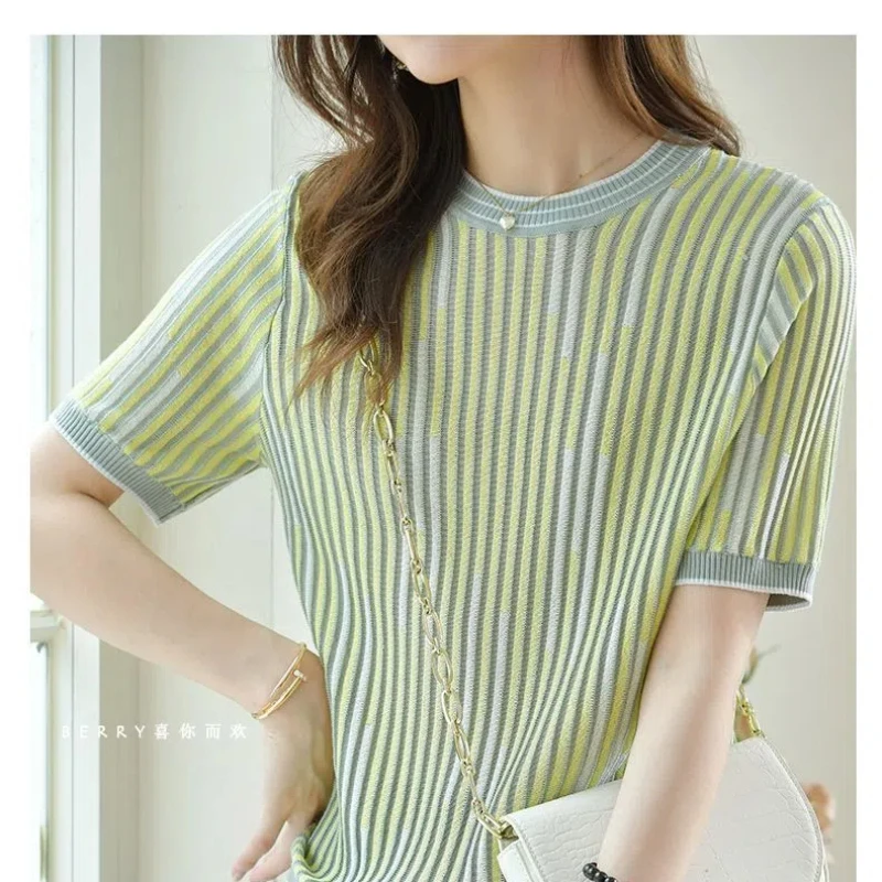 Summer Women\'s Pullover Round Neck Striped Gradient Short Sleeve Sweater Knitted Contrast Color Commute T-shirt Korean Tops