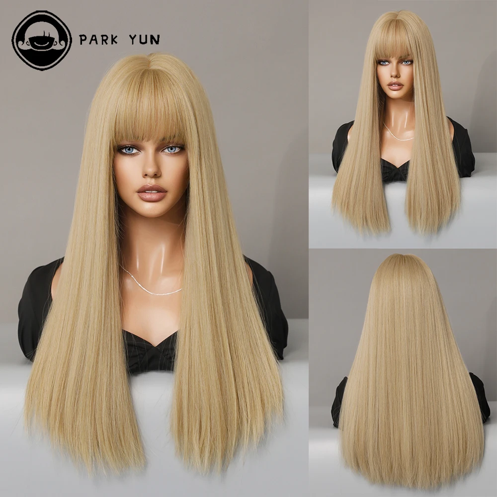 

PARK YUN Long Straight Blonde Wigs With Bangs Natural Synthetic Hair Wig for Women Daily Cosplay Lolita Party Heat Resistan