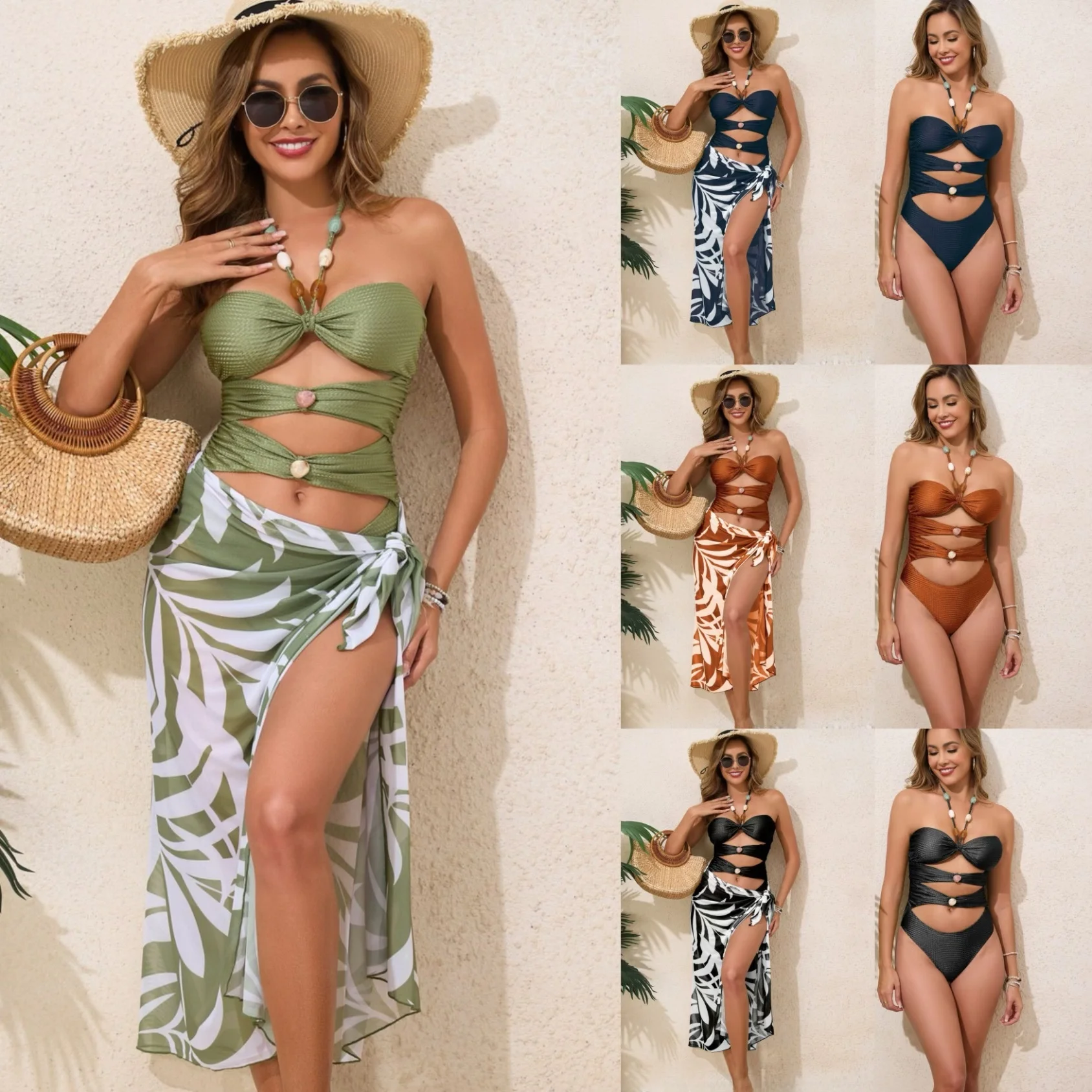 

Lanqi 25th Anniversary Sexy Hollow out Bikini Swimwear Pure Color Skirt Sle Women's High End Cross Border Swimming Suit
