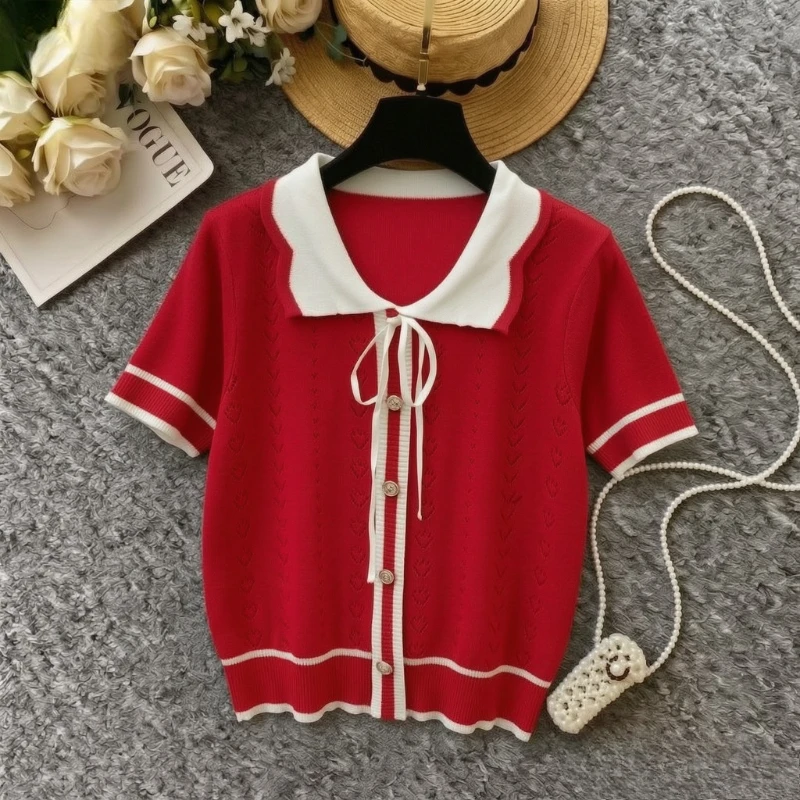 Women Knit Pullover 2026 Doll Collar Tie Front Color Block Striped Short Sleeve Sweater Casual Elegant Korean Style Top Summer